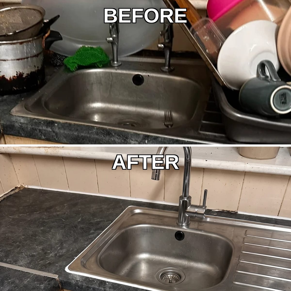 Before and after: a tired kitchen sink replaced with a clean new tap and basin