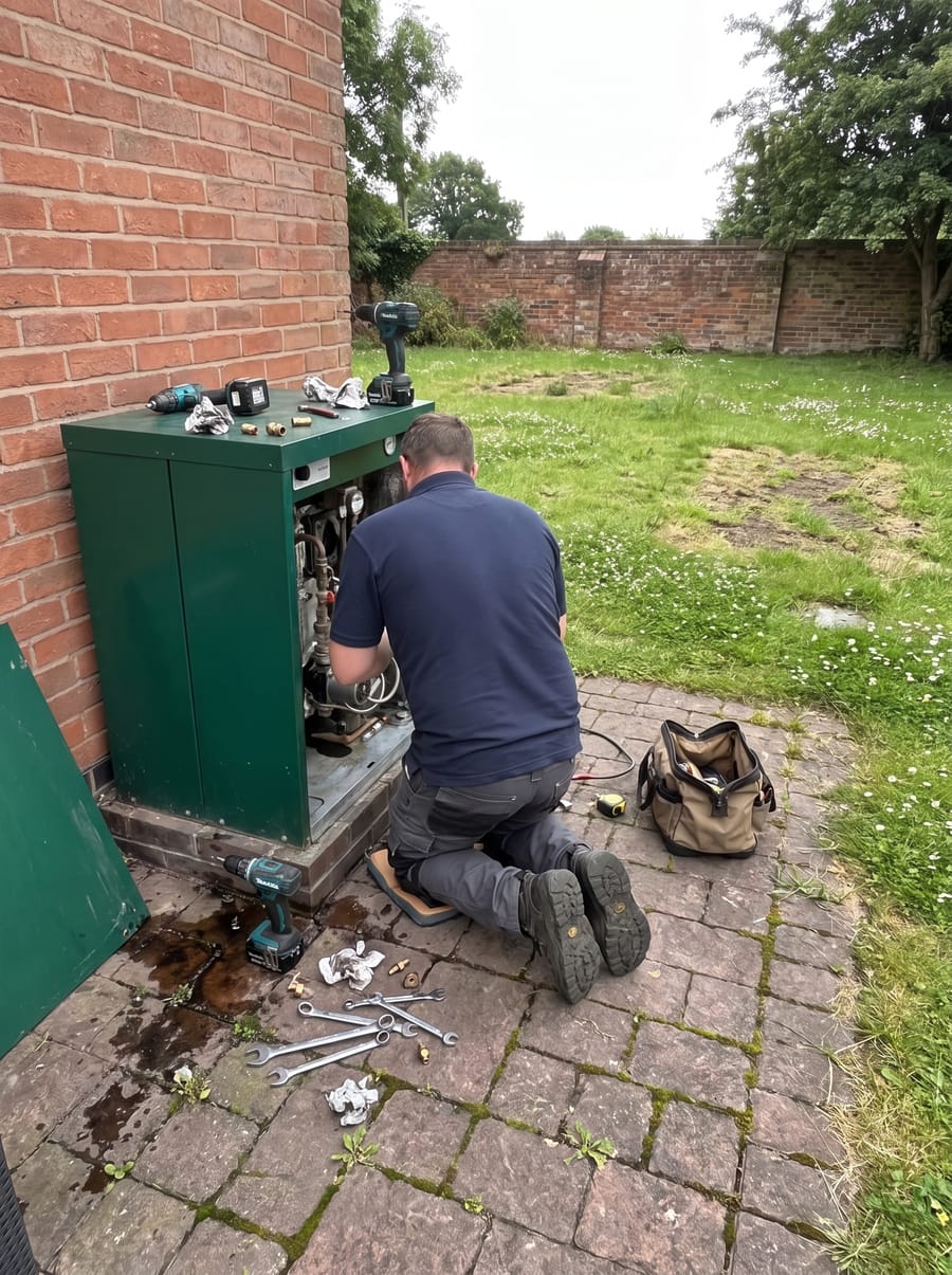 An engineer servicing an external oil boiler
