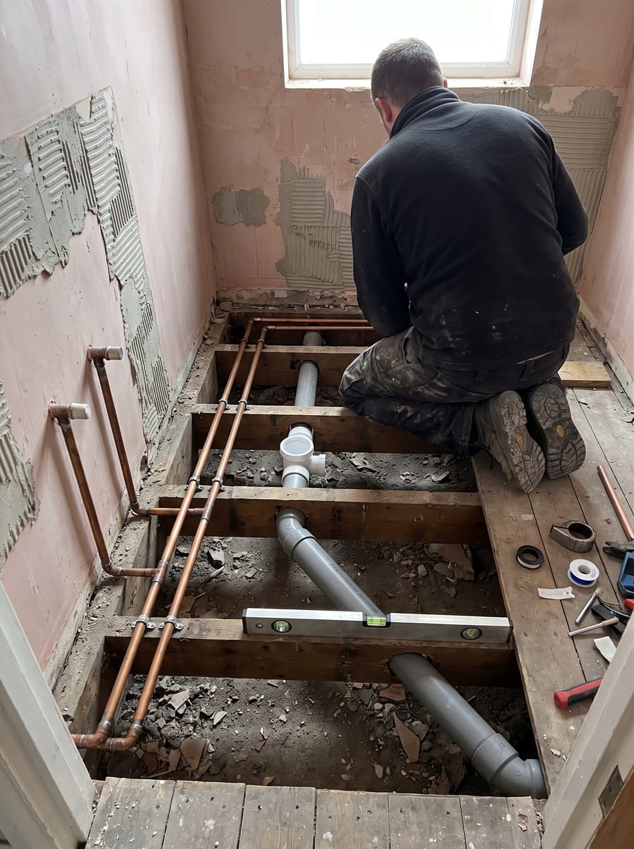 First-fix copper and waste pipework for a bathroom renovation